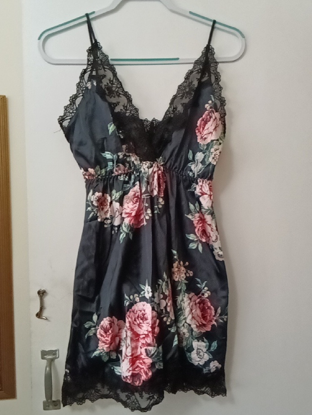 Marilyn Monroe Floral Lace Trim Satin Chemise Nightdress - Black with Pink Roses